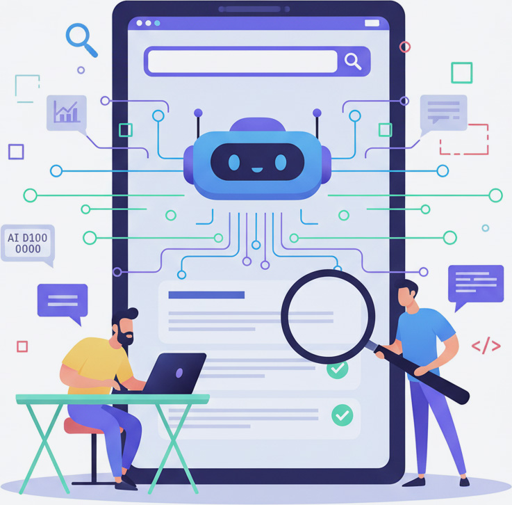 A conceptual illustration of two men collaborating on a large mobile screen. An AI robot is shown at the top of the screen, while one man works on a laptop and another holds a magnifying glass, inspecting the content.